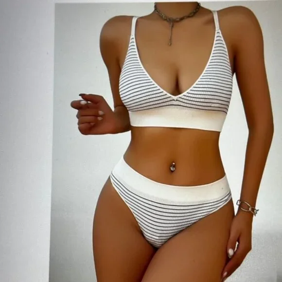 Brand New Striped Contrast Binding Lingerie Set Multicolor Various - Picture 2 of 5